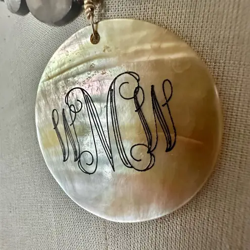 Gray Shell Beaded Monogram Pendant Necklace with Toggle Clasp