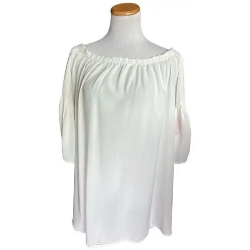 Womens Feathers Floral Embroidered Flutter Sleeve Flowy Off Shoulder Top Sz 2X White