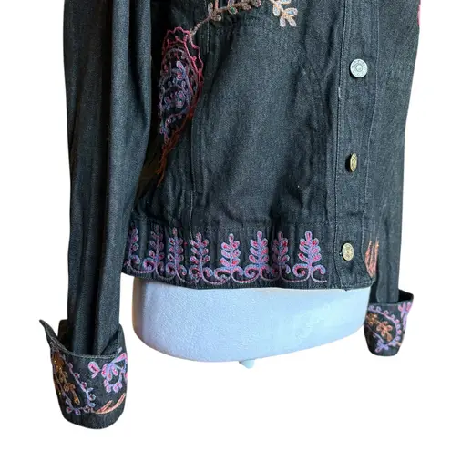 Coldwater Creek Black Jean Jacket Pink Blue Embroidery Cotton Womens XS