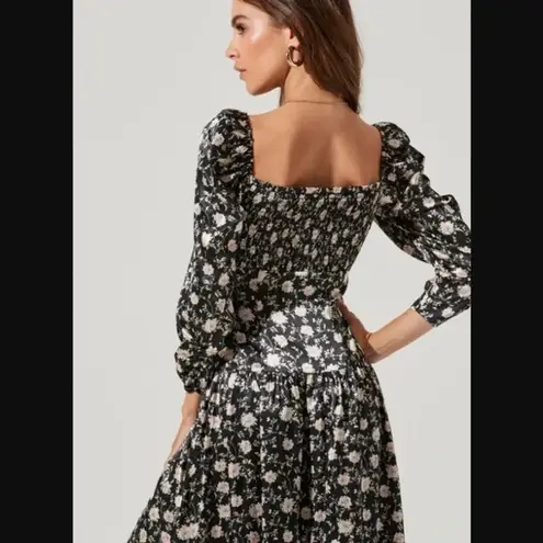 ASTR Black Floral Puff Sleeve Sweetheart Neck Satin Midi Dress XS