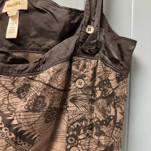 Diesel Vintage Gray Black Print sleeveless blouse Tank Too size L Side Buttons