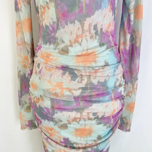 New Rotate Ulla Floral Print Ruched Mesh Long Sleeve Bodycon Dress Size 2 Multi