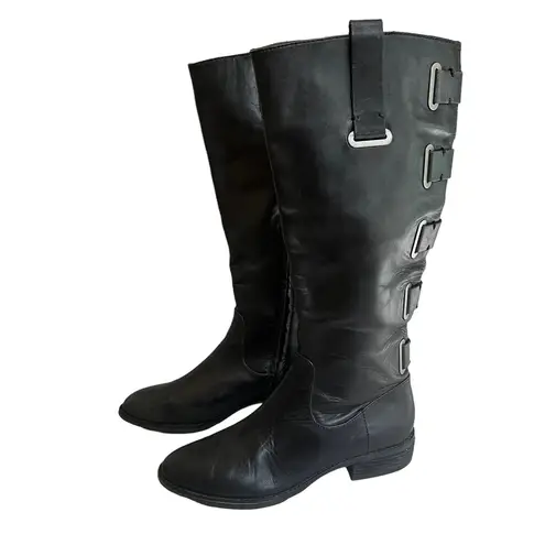 Arturo Chiang Black Knee High Buckle Accent Leather Boots, Sz 7