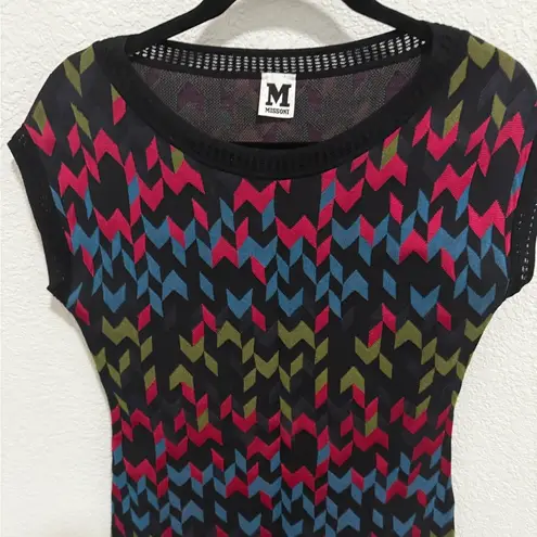M Missoni Knit Zigzag Bodycon Dress Short Sleeve Size Small Black Multicolor
