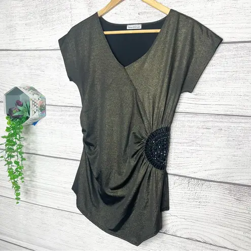 Metallic Bronze & Black Asymmetrical Top w/ Ruching & Beaded Accent Size Large