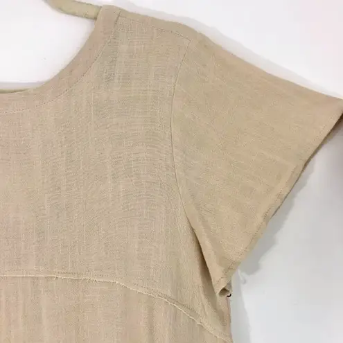 Doe & Rae New Button V Back Top Linen Blend Short Sleeve Shirt Tan