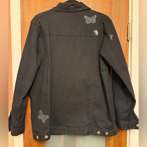 The Quacker Factory Women Vintage Black Denim Studded Embossed Butterfly Jacket