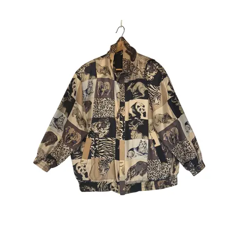 Vintage Fuda International Silk Animal Print Bomber Jacket Unique Lightweight L Tan Size L