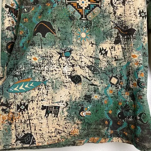 Cactus Shirt Womens Large Green Aztec Animals V Neck Rhinestones Tribal Casual