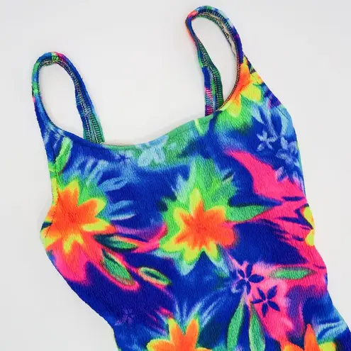 Kathy Ireland Vintage 80s Crinkle Neon Tie Dye One Piece Swimsuit