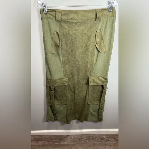 Cider Faux Leather High Waisted Solid Belted Cargo Maxi Skirt Green Size Medium