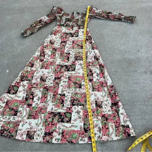 VTG 70s green pink patchwork floral garden party sheer puff sleeve prairie dress Size XS