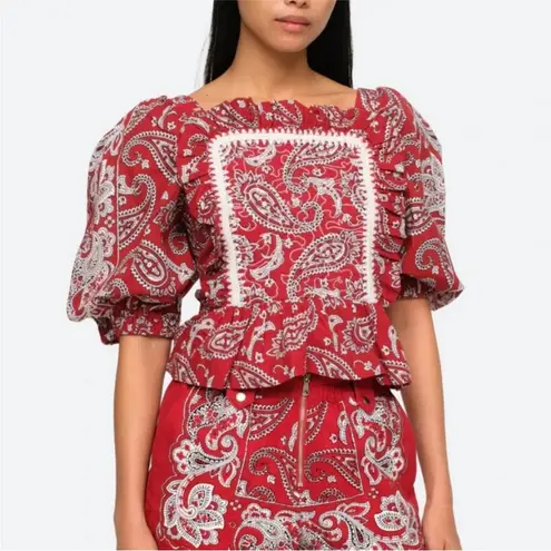 Sea New York Theodora Top Red and White Paisley Pattern Boho Womens Size Large