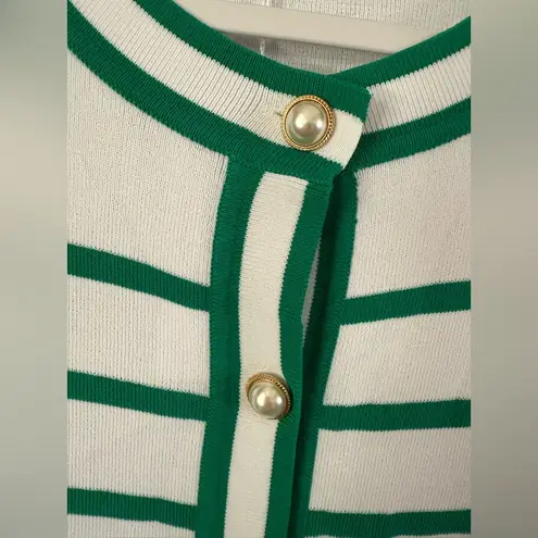 Pretty Garden Striped Short Sleeve Cardigan Sweater Green White Pearl Buttons L Size L