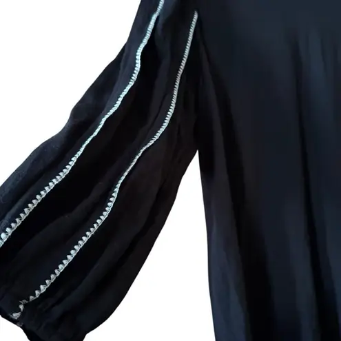 J.Jill Black Puff Sleeve Top White Stitching Bohemian Cottagecore XS