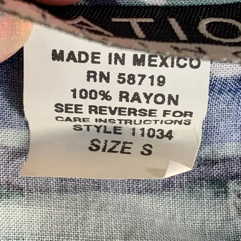 Vintage 90s Top Blue Green Floral Leaf Print Button Up Short Sleeve Shirt Small