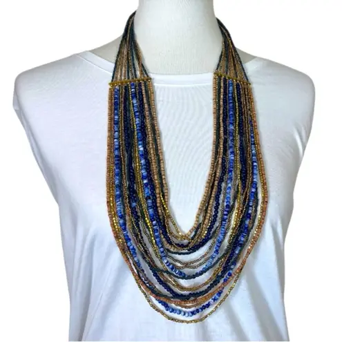 Chico's Chico’s Women’s Necklace Seed Bead Multi Strand Blue Navy Gold Tan 18” Length