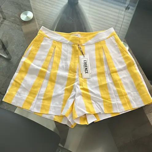 L'Agence L’Agence Vittoria Linen Blend Shorts, Yellow & White Stripes Size 2 New w/Tag