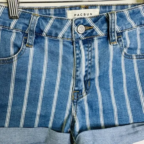 PacSun  Super Stretch Shortie Short 27 Blue Stripe Denim Rolled Cuffs High Rise