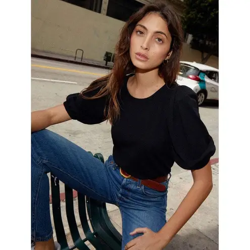 Nation Ltd Black Pima Cotton Linen Puff Sleeve Crew Neck Top Women's Size S