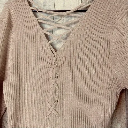 Planet Gold Plus 2x Metallic Gold/Tan Deep V-Neck Long Sleeve Sweater Dress