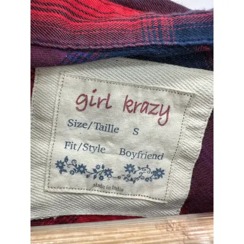 Girl Krazy Shirt Women SMALL Red Blue Plaid Flannel Long Sleeve Button Down