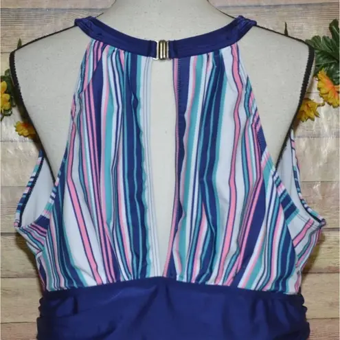 None Women's Blue Pink Striped Tankini Plus Size 3XL Stretch Umpire Waist Open Back