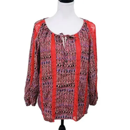 Hot in Hollywood Blouse Plus 1X Orange Blue Lace Boho Keyhole Tie Neck Flowy