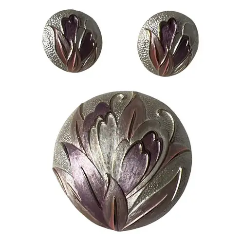 Post Modern Pastel Flower Dome Brooch & Clip In Floral Earrings Jewelry Set Gold