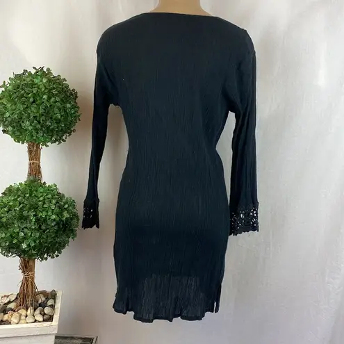 Raviya Black Long Sleeve Crochet Lace Trim Swim Suit Cover Up Dress Top XL