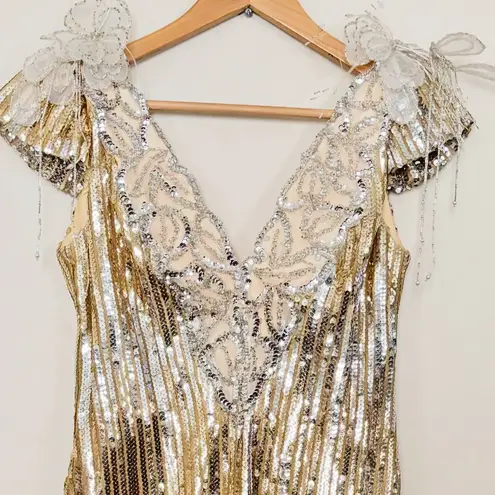 VTG Floral Beaded Cap Sleeve Gold & Silver Gown Size 12