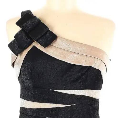 London Times  Black & Shimmer Tan Bondage Holiday Bow One Shoulder Dress Size 6 S