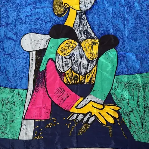 Vintage Picasso Portrait Square Scarf Abstract Art Wrap 34x34 Silky Feel Blue