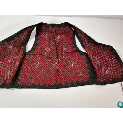 Handmade Reversible Women's Ugly Christmas Vest Folk Santa/Poinsettias Cotton XL Red