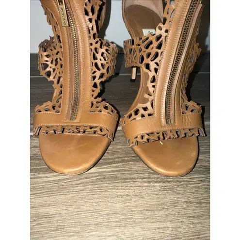 Jimmy Choo Women's Brown Leather Laser Cut Megan 100 High Heel Sandal Shoe 39.5