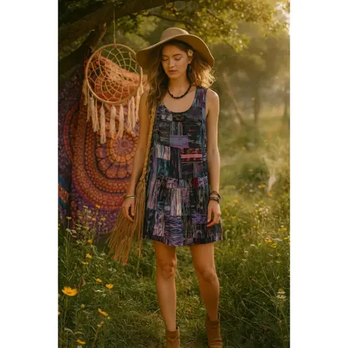 Vintage El Huarache Guatemala Cotton Patchwork Dress Boho Festival Midi L Purple Size L