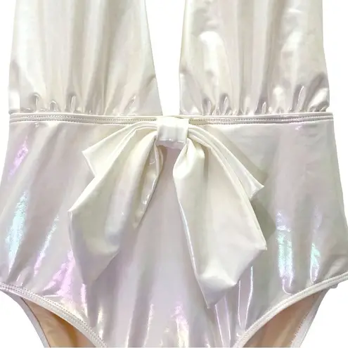 Beach Joy NWT White Metallic Plunge One Piece Swimsuit Size Medium Bridal Bow