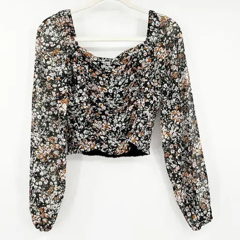 NWT Lulus Womens Mood Setter Ruched Long Sleeve Ditsy Floral Crop Blouse Top S Black