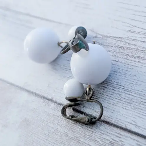 Vintage Clip On Earrings Retro White Duo Ball Dangle