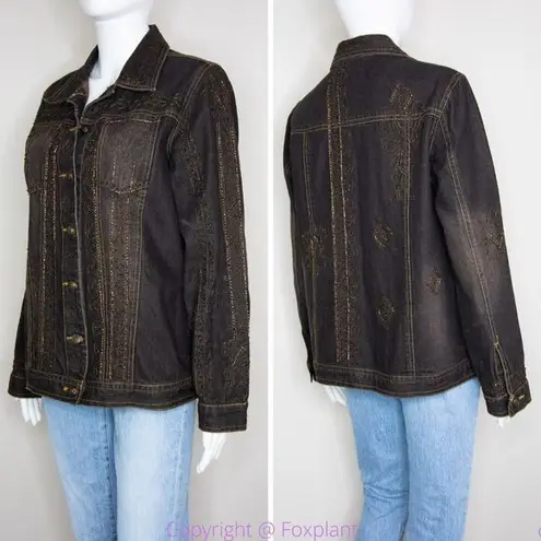 Laura Ashley brown beaded embroidered button up jean jacket, size M