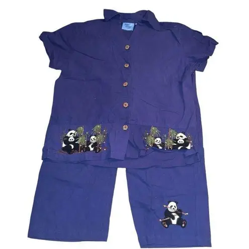 Jane Ashley Jane Ashely Women’s 2 Pc Set Navy Blue Capri Pant Med Embroidered Panda Vintage