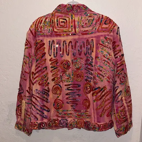 Vintage Bright Pink Ribbon and Sequin embellished Jacket multicolor wearable art Size XL