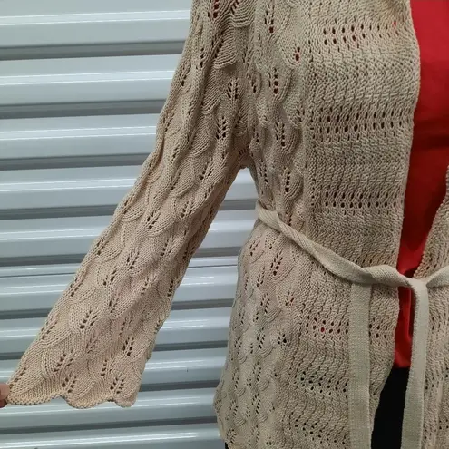 Willi Smith Womens Cardigan Sweater Size Small Tan Knitted Belted Open Front