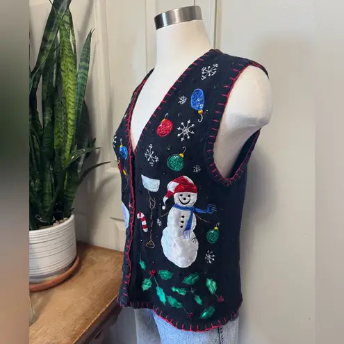Vintage Christmas Vest Snowmen Embroidered Black Small