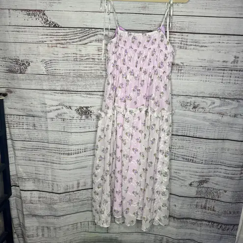 In The Beginnings Cottage Core Lavender Floral Tiered Dress Tea Party Med Purple