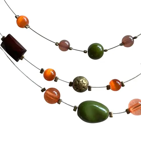 Handmade Beaded Layered Illusion Wire Necklace Orange Green Fall Tiered Boho 15-18.5” Adj