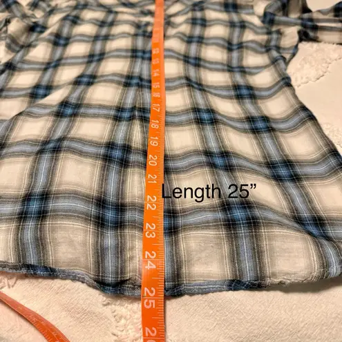 Seven7 Pleated Ruffle Blue Plaid Pearl Snap Button Front Long Sleeve Top Medium - Image 10