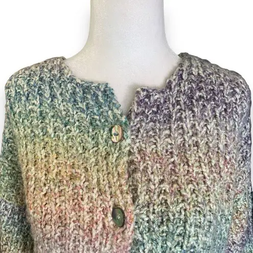 Knit Cardigan Sweater Pastel Ombré Fuzzy Rainbow Chunky Loose Knit Crewneck Purple Size L