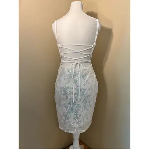 Lovely Day White Iridescent Sequin Corset Lace Up Back Bodycon Mini Dress Medium