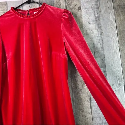 Maison Jules Medium Red Velour Long Sleeve Top with Ruffle Collar